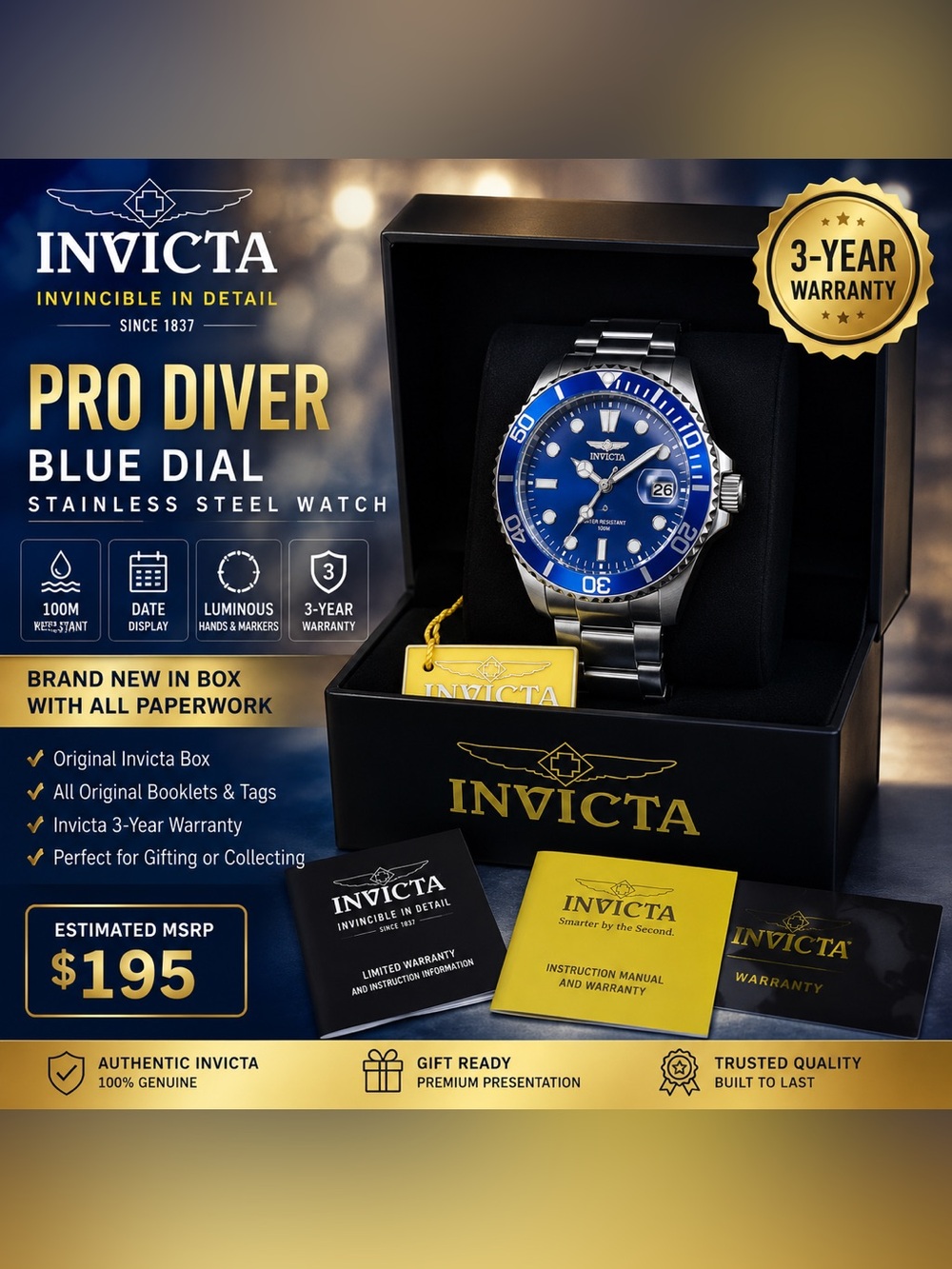 🕒 Invicta Pro Diver Blue Dial Stainless Steel Quartz Watch – NEW in Box